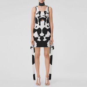 Burberry Black and White Cow-Print Pieced Cutout Silk Mini Dress
